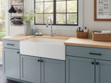 blue kitchen with white sink