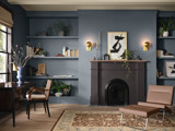 blue room with fireplace