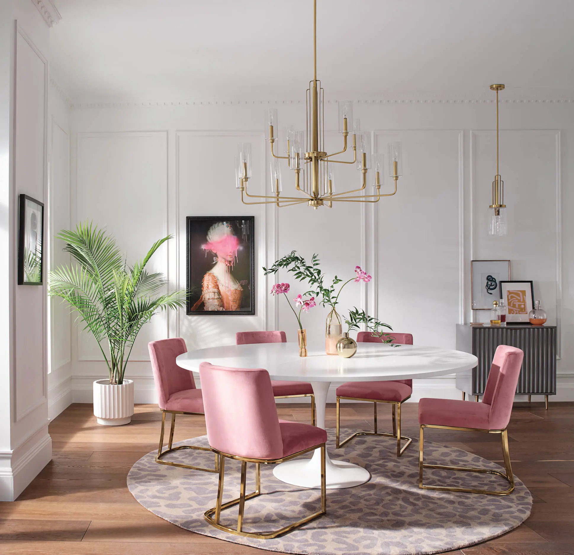 dining room with pink chairs