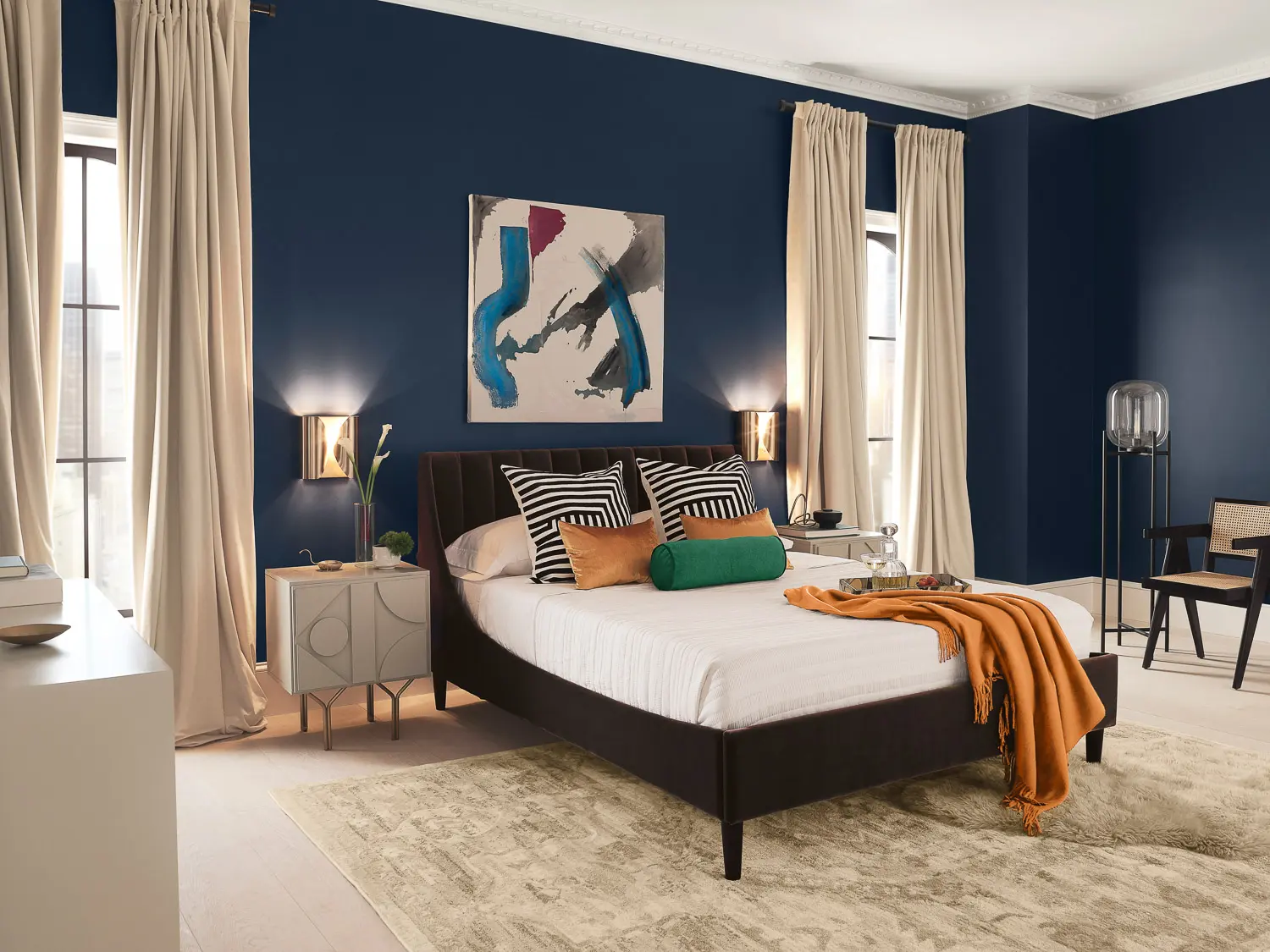 bedroom with dark blue walls
