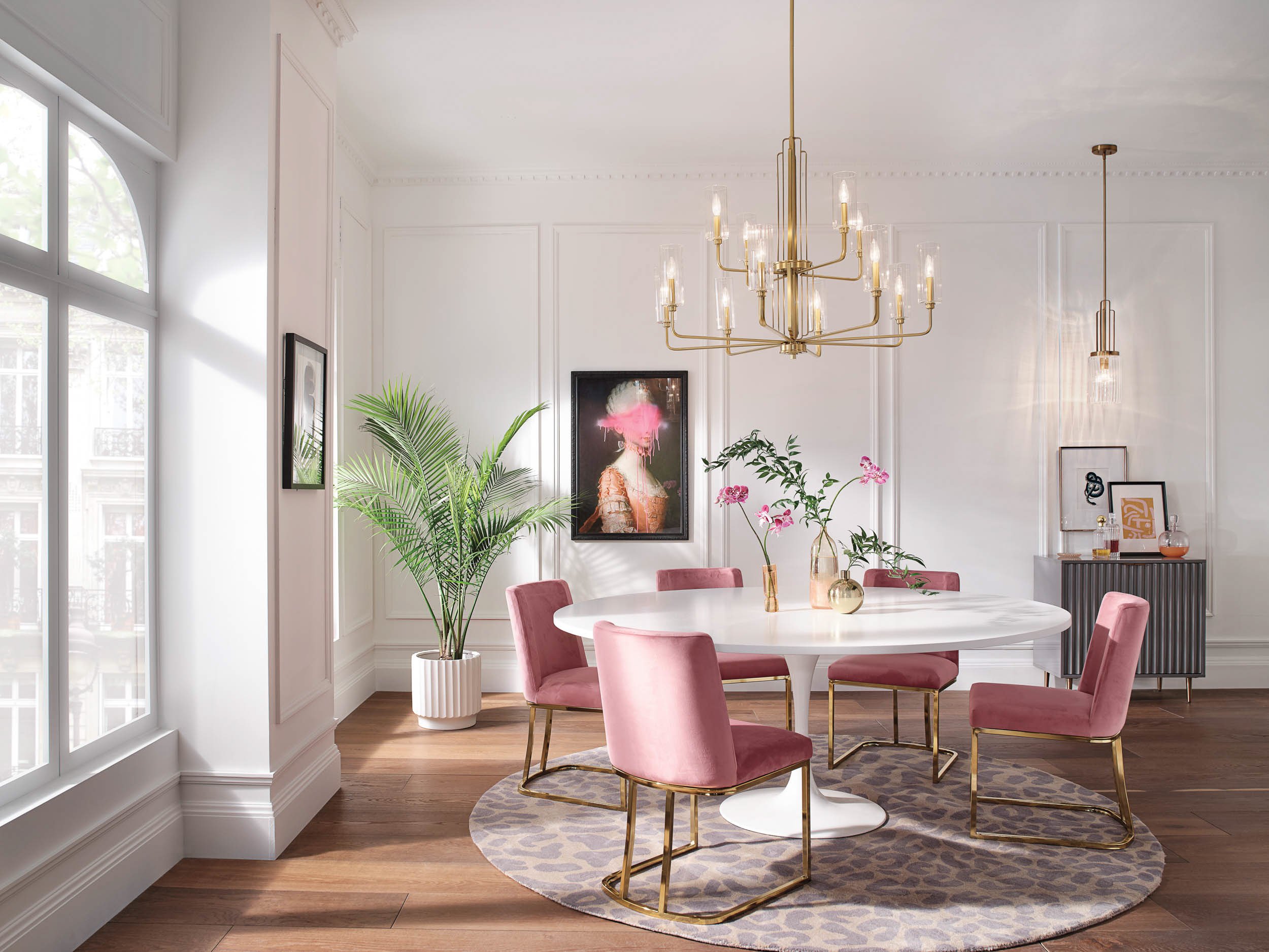 Pink chairs in dining room