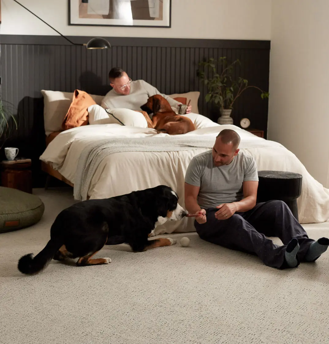 two men with dogs sitting on bed