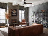 living room with brown leather sofa