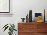 brown drawer with plants by white wall